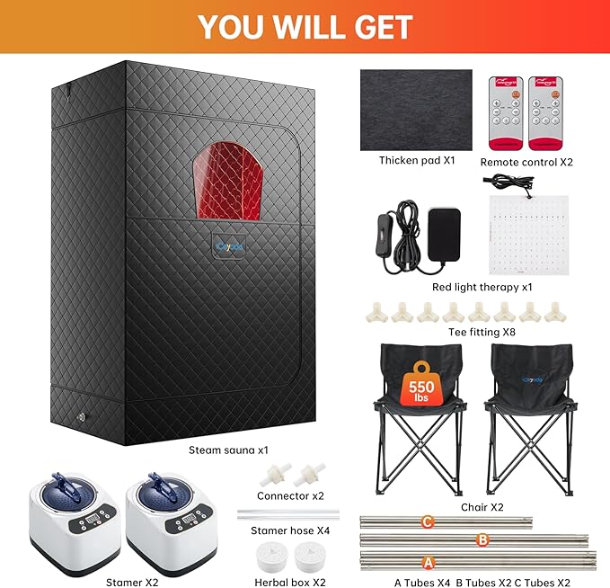 Upgraded 2 Person Infrared Sauna Box, 77”x 37”x 50” Portable Sauna with 660nm Red Light Therapy & 850nm,5-Layer Waterproof, 2 Steamers,2 Folding Chairs for Home Sauna