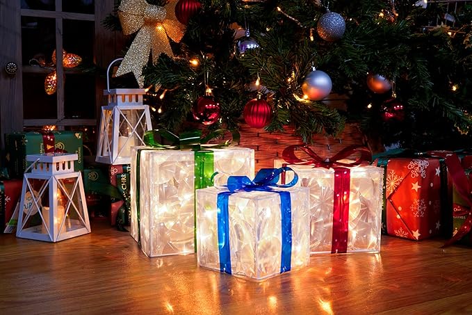 Set of 3 Christmas Lighted Gift Boxes, 60 LED Light Up Present Boxes for Christmas Decorations Indoor Outdoor Yard Xmas Tree Holiday Party Lawn Porch Home Decor (PVC)