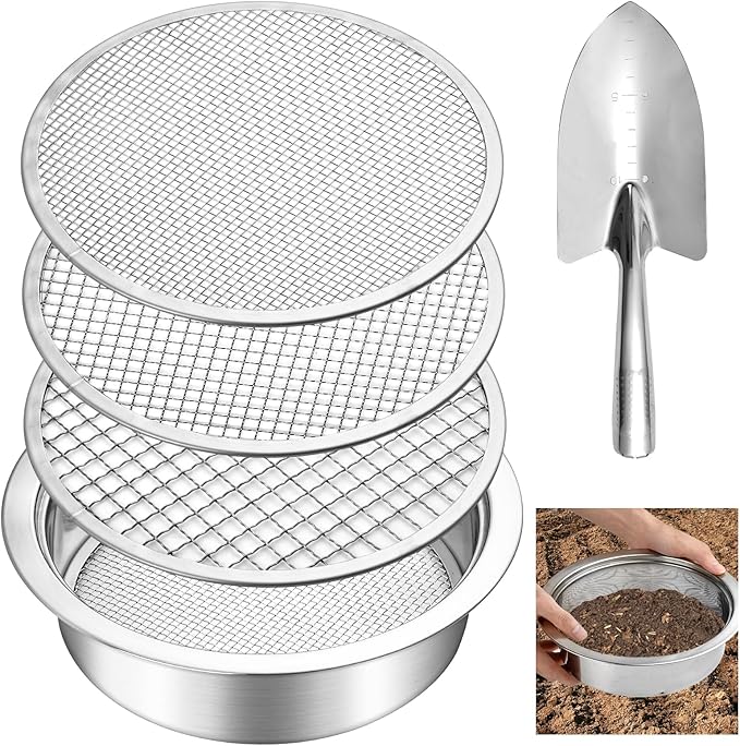 Soil Sifter, Soil Sifter for Rocks with 3 Sieve Mesh, 3mm 6mm 9mm, Stainless Steel Rock Sifter, Garden Potting Sieves with Shovel, Fine Mesh Sieve for Topsoil, Fine Sand