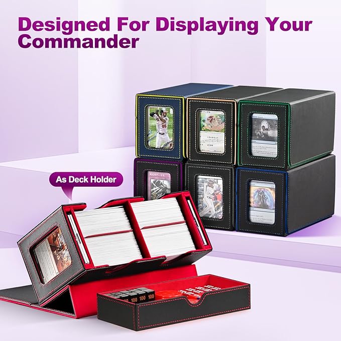 Card Deck Box for MTG, Double Card Storage Box with 2 Commander Display & 1 Dice Tray, Fits 200+ Double Sleeved Cards, Organizer for CCG TCG Sports Cards (Black Purple)