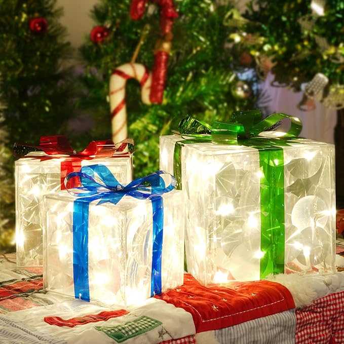 Set of 3 Christmas Lighted Gift Boxes, 60 LED Light Up Present Boxes for Christmas Decorations Indoor Outdoor Yard Xmas Tree Holiday Party Lawn Porch Home Decor (PVC)