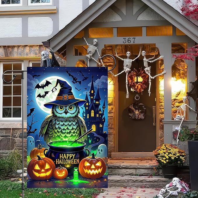 Garden Flags 12x18 Inch Halloween Garden Flag Fall Flags for Outside Vertical Double-Sided Owl Witch Cauldron Pumpkin Haunted Castle Outdoor Holiday Yard Banner for Porch Lawn Decoration