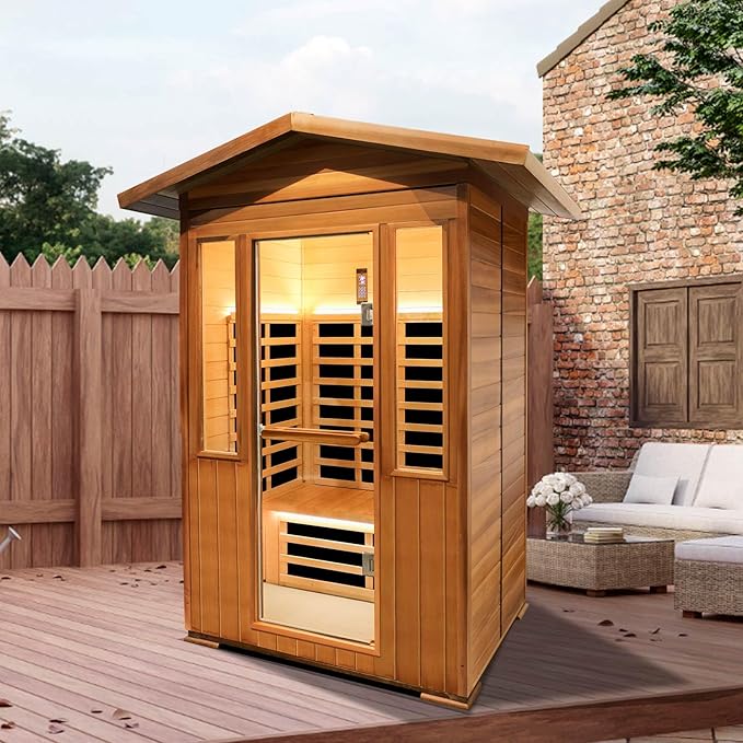 2 Person Outdoor Sauna Infrared Saunas Dry Sauna Room Red Cedar and Canadian Hemlock Wood Wooden Sauna Spa 1800W APP Control 7 Color Light 48.8 * 37 * 87.4inch