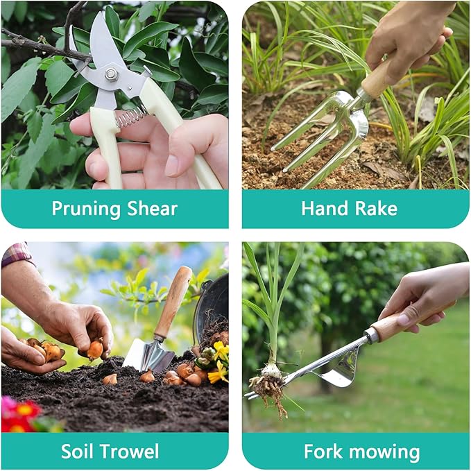 Outdoor Garden Tool Set, 7 Pcs Floral Gardening Set for Women Leaf Camouflage Gardening Kit with Garden Tool Bag, Trowel, Weeder Fork, Hand Rake, Pruning Shears, Cultivator, Transplanter