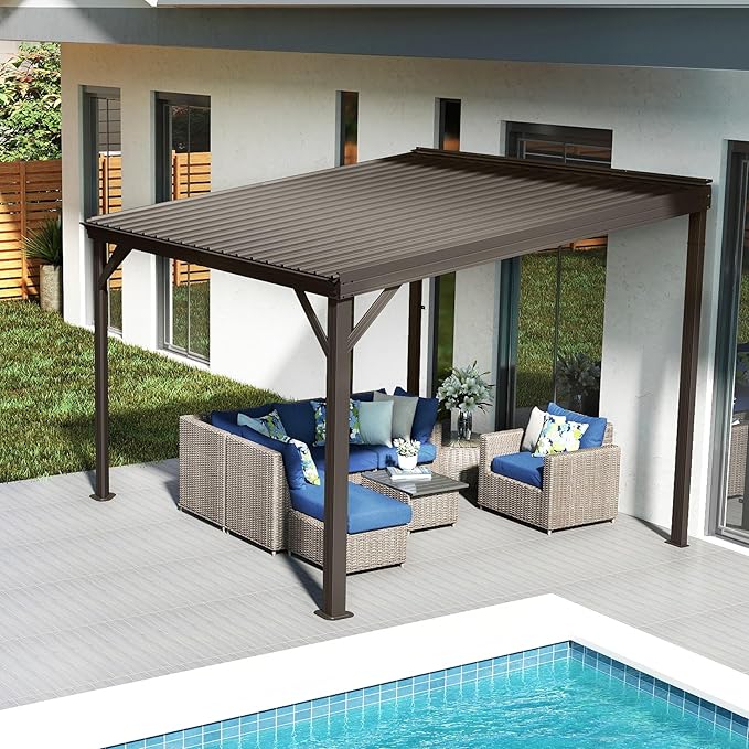 8x8FT Lean to Gazebo, Outdoor Hardtop Wall Mounted Gazebo with Gutter & Sloping Galvanized Steel Roof, Metal Hard Top Awnings for Deck, Porch, Backyard- Brown
