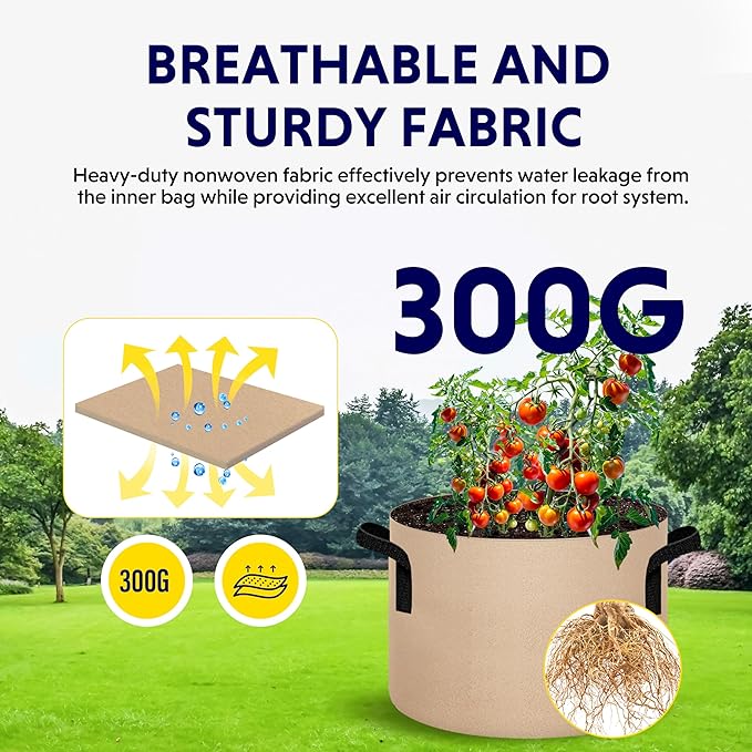 iPower 5-Pack 7 Gallon Plant Grow Bags Thickened Nonwoven Aeration Fabric Pots Heavy Duty Durable Container, Strap Handles for Garden, Tan