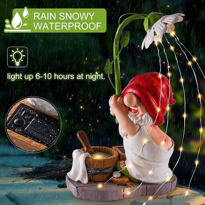 WINTS Garden Gnomes Outdoor Statue with Solar Lights,Bathing Large Funny Gnome Solar Garden Decorations for Lawn, Balcony, Yard,Patio Gnome Gifts for Mom