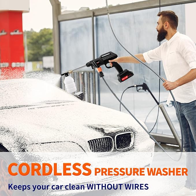 Hidrolavadora Portati, 1500W Cordless Pressure Washer Gun, 60Bar/870 PSI Cordless Portable Pressure Washer with 2 Battery, 2 Nozzles, 5m Hose Cordless Jet Washers, for Cars/Floors/Gardens