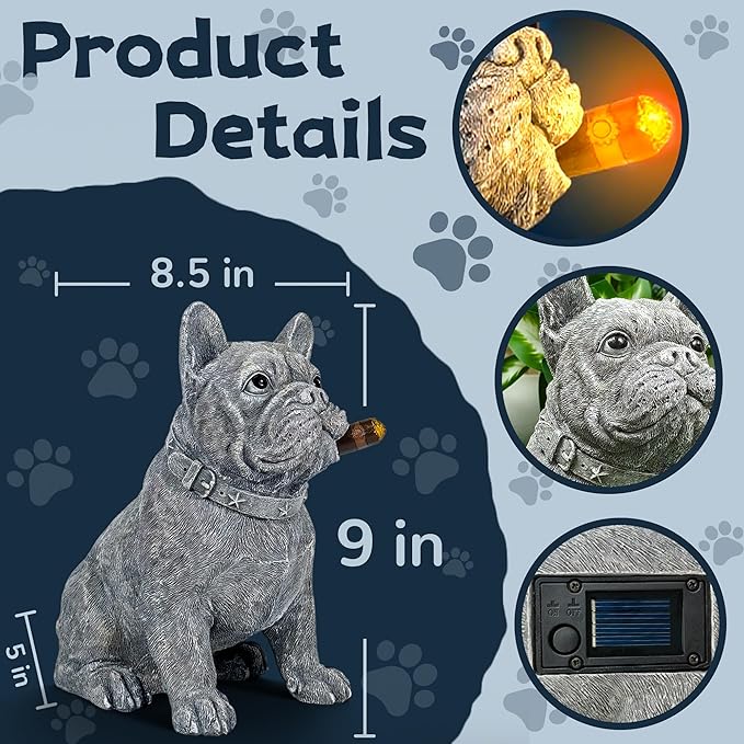 Dog Solar Garden Statue with LED Light - Outdoor Yard, Lawn, Patio French Bulldog Decor - Unique Birthday Housewarming Gift for Dad, Mom, Men, Women
