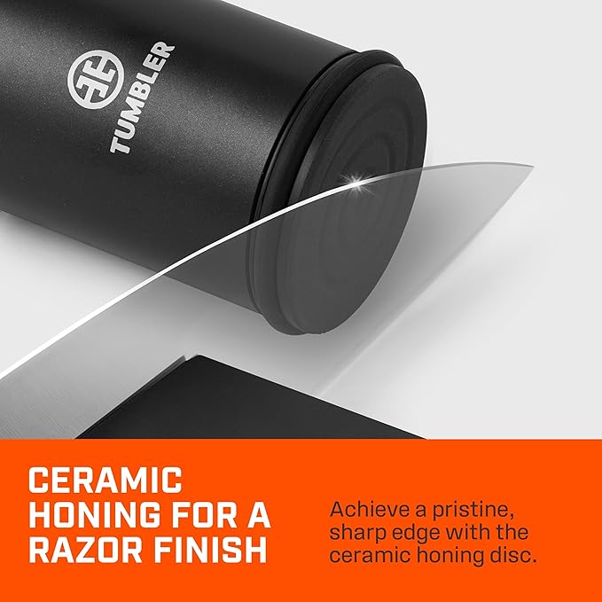 TUMBLER Pro Rolling Knife Sharpener™ - Knife Sharpening Made Easy - Rolling Knife Sharpening Kit with Removable Disc System - Includes 4-Layer Diamond Sharpening Disc & EdgeBoost Ceramic Disc (Black)