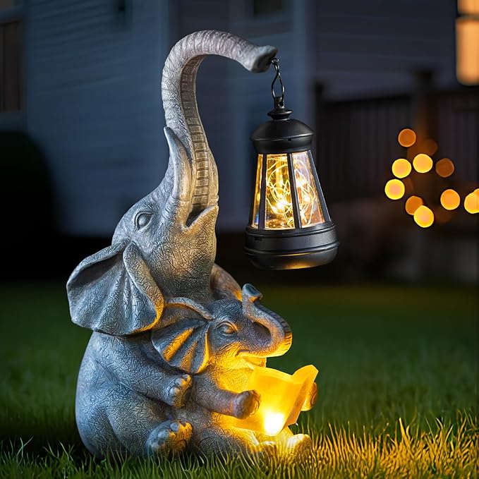C&Y&G&X Solar Outdoor Garden Decor Elephant Statues Lights, Elephants Family Son Birthday Gifts for Mom, Housewarming Gifts and Yard Decoration