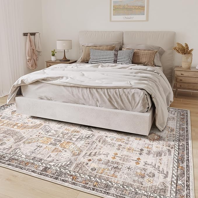 10x14 Area Rugs,Ultra-Thin Washable Rugs for Living Room,Non-Slip Lightweight Foldable Area Rug,Stain Resistant Vintage Large Rugs (Brown/Gold, 10'x14')