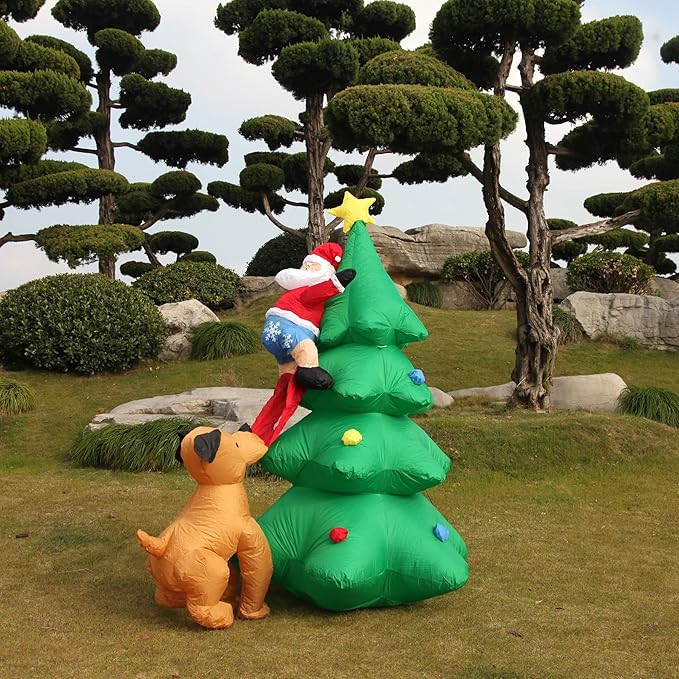 Dearsun 6.5FT H Christmas Inflatable Tree with Build-in LED Lights, Funny Inflatable Dog Chasing Santa Claus,Blow Up Christmas Outdoor Decor Giant Yard Party Decoration (Santa Claus Chased by Dog)