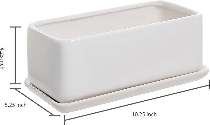 MyGift 14 Inch Modern Unglazed White Ceramic Indoor Plant Pot with Drainage Hole, Rectangular Succulent Planter Window Box with Removable Saucer, White (10 inch, 1, Piece)