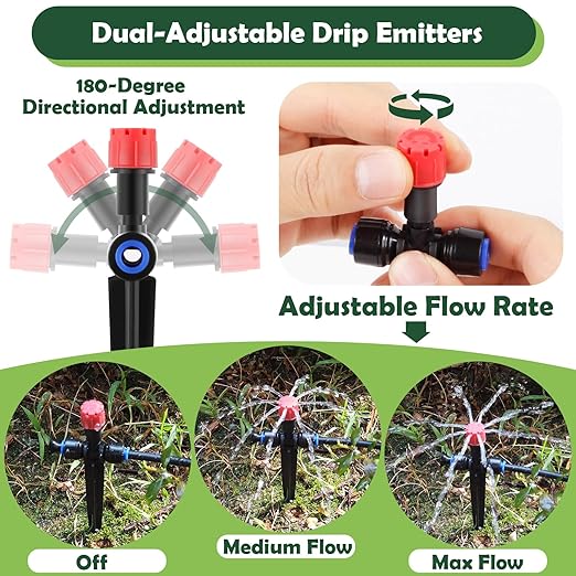 11PCS Adjustable Drip Irrigation Emitters(8-Hole) Kit-Quick Connect for 1/4" Tubing,Dual Adjustment System-Easy to Install Drippers for Precise Garden Watering of Vegetables,Shrubs&Flowers