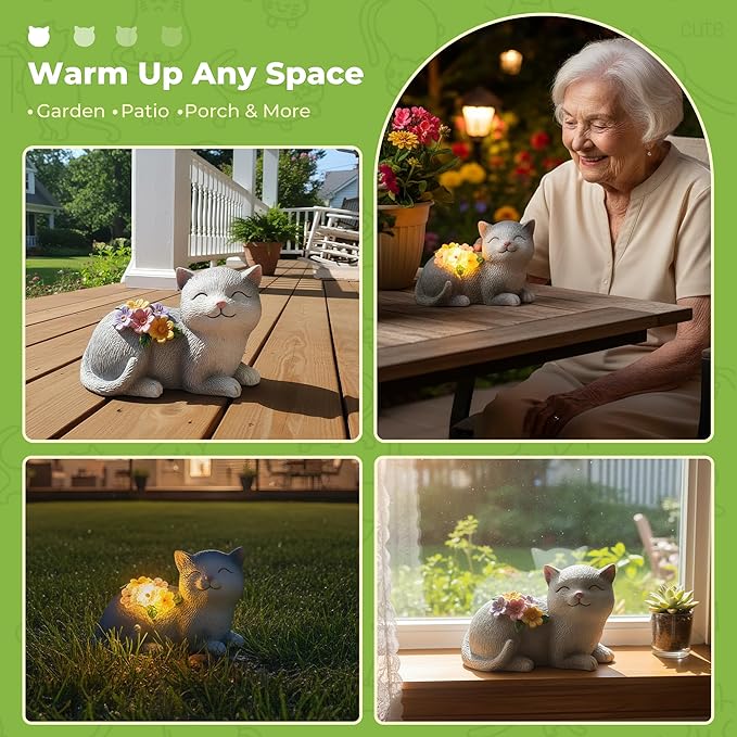 Garden Decor Solar Cat Statue with Warm Glow - Unique Birthday, Christmas & House Warming Gifts for Women, Mom, Cat Lovers - Outdoor Yard Art for Lawn, Patio, Backyard & Balcony Decor