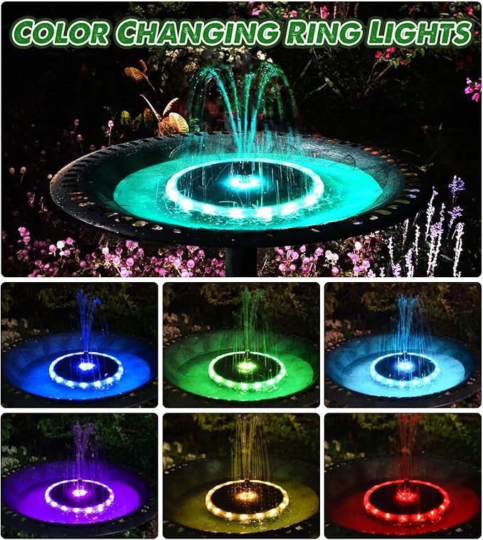 Solar Fountain Matte Panel with 4000 mAH Battery, 4W Bird Bath Fountains Solar Power with 8 Nozzles, Floating Solar Fountain Pump for Bird Bath, Garden, Pond, Outdoor (Color Change)