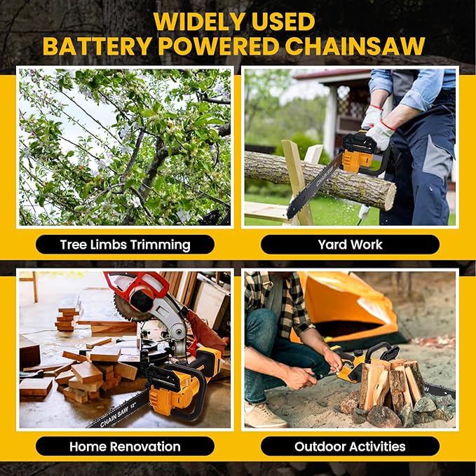 12 Inch Cordless Chainsaw Compatible with DeWalt 20V MAX, 1200W Brushless Motor, Auto Lubrication, Security Lock, Handheld Electric Chainsaw for Tree Trimming (Battery Not Included)
