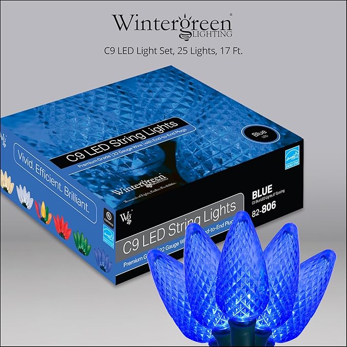 Wintergreen Lighting C9 Blue Christmas Lights, 17 ft LED Outdoor String Light Set, 25 Bulbs – Indoor/Outdoor Holiday Decor