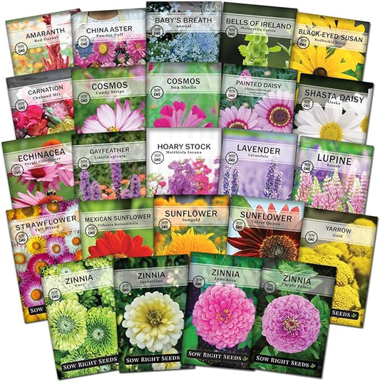 Sow Right Seeds - Large Flower Farm Seed Collection for Planting - Zinnias, Sunflowers, Daisies, Cosmos, Carnations, Stock & More - Attract Pollinators - Non-GMO Heirloom Varieties to Cut Bouquets