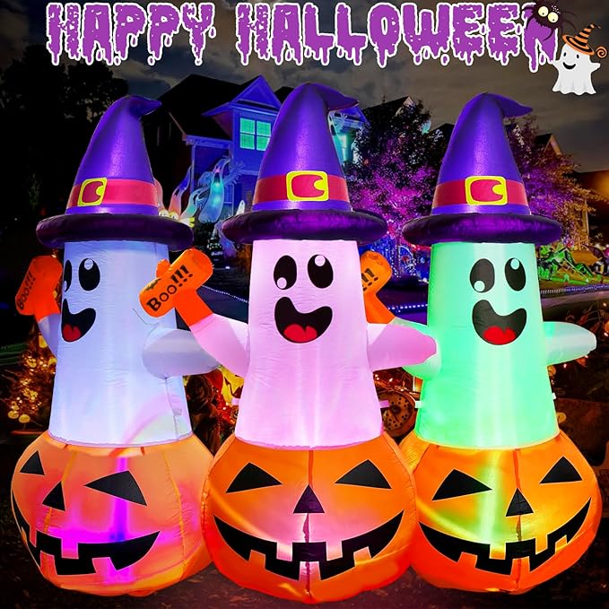 5FT Halloween Inflatables Decorations Outdoor Pumpkin Ghost with Multi-Color Flashing Build-in LED Blow Up Yard Decor Inflatables Clearance for Halloween Party Indoor Outdoor Yard Garden Lawn