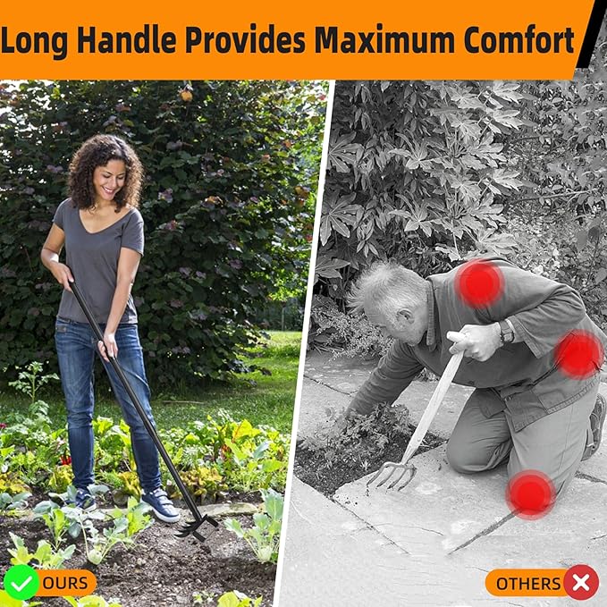 62.6Inch Action Stirrup Hoe Garden Tool Weed Puller with Adjustable Long Handle, Heavy Duty Hula Hoe and 4 Tines Rake 2 in 1 Gardening Tools Garden Cultivator for Weeding Soil Loosening, Black
