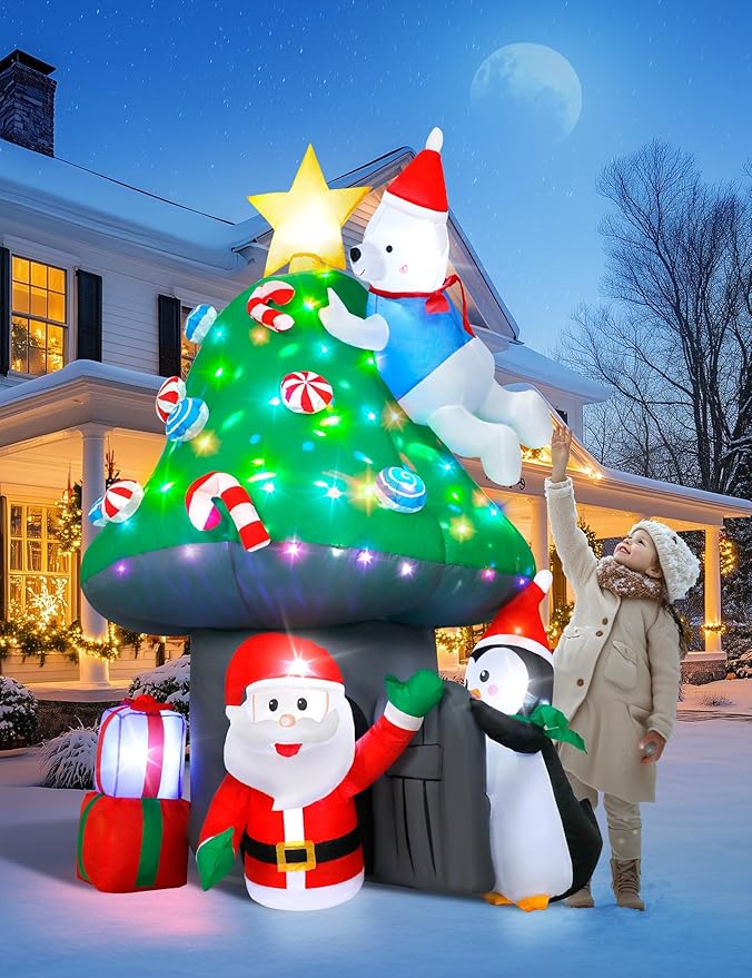 Christmas Inflatable Outdoor Decoration, 7FT Blow Up Mushroom House with Santa, Polar Bear & Penguin, Built-in Colorful Light Inflatable Christmas Tree & Gift Boxes for Xmas Party Yard Lawn Patio