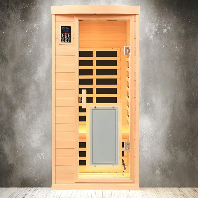 Infrared Sauna for 1 Person Hemlock Far-Infrared Single Person Indoor Sauna with LCD Display, Touch Control Audio System, LED Reading Light, Natural