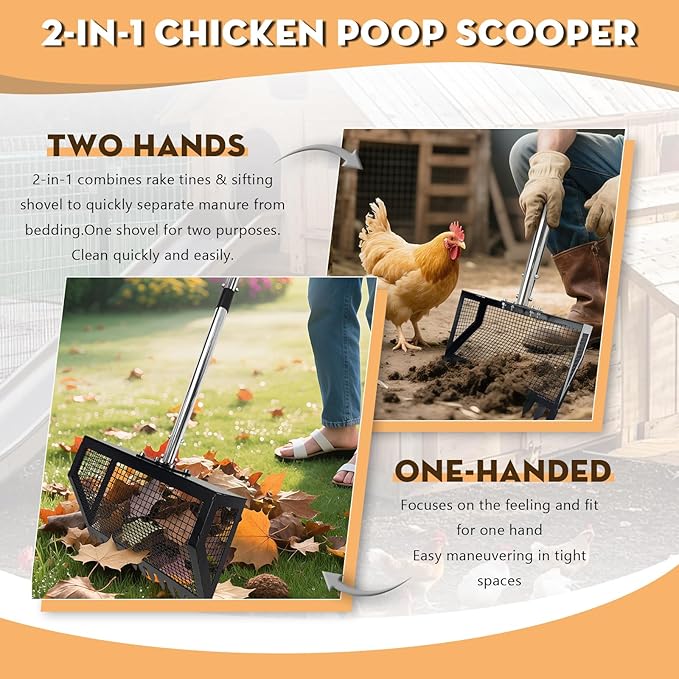 Chicken Poop Scooper and Rake 2-in-1, 10” Wide Metal Coop Scoop for Sand Sifting Shovel with 22" to 62” Adjustable Stainless Steel Handle, Cleaning Tools for Chicken Coops & Farm Animals Scoop
