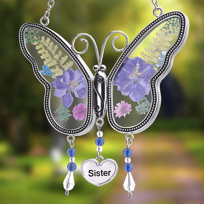 Laraine Butterfly Suncatcher with Pressed Flower Wings Mom Mother's Day Butterfly Glass Wind Chime Ornament Charm with Metal Heart Gifts for Mom Grandma Birthday ((Purple Sister (with Free Hook))