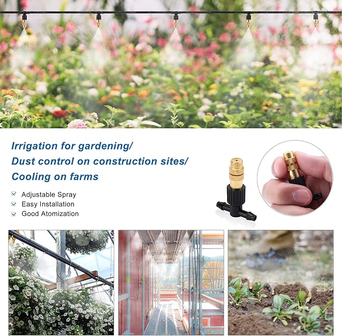 Mornajina 20Pcs Three-Way Atomizing Nozzle with Drip Irrigation Connector for 1/4 inch Drip Irrigation Tubing, Micro Spray Drip Irrigation Emitters, Adjustable Sprinkler Drip Irrigation Mister Kit