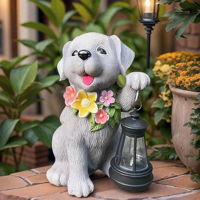 Solar Dog Statue for Garden, Dogs Solar Light with Lantern, Outdoor Cute Dog Statues for Yard, Lawn, Patio Decoration, Birthday, Housewarming, Gardening Gifts for Women