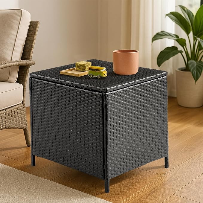 Outvita Outdoor Side Table, Rattan Coffee Table with Storage 27 Gallon Patio Small Deck Storage Box for Cushion Towel Books, Brown Side Table with lid