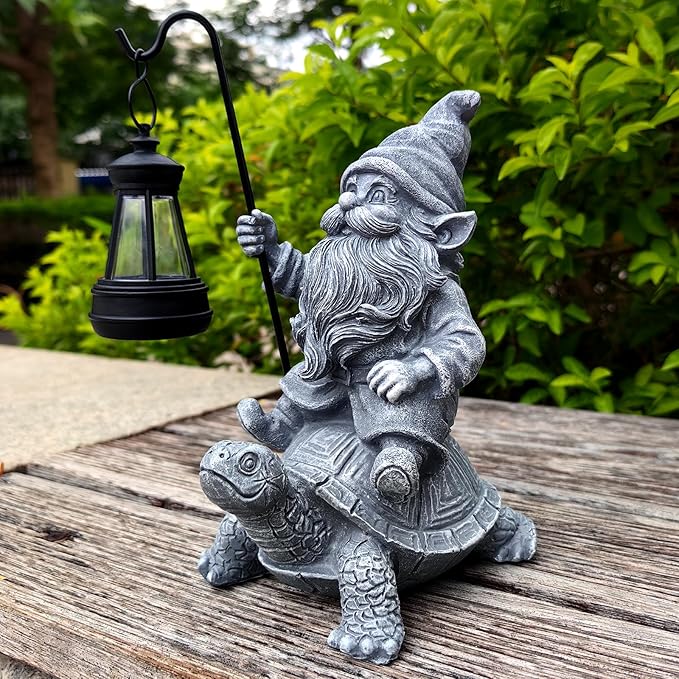 Garden Gnome Statue Riding Turtle - Garden Gnomes Decorations with Solar LED Lights, 7.9" Outdoor Resin Figurine Ornament for Patio, Yard, Funny Lawn Decor (Gray)