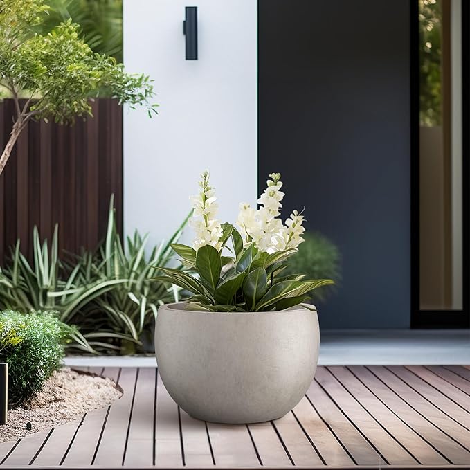 Kante 11.8" Dia Round Concrete Planter, Outdoor/Indoor Large Bowl Plant Pots with Drainage Hole and Rubber Plug for Garden Patio Balcony Home, Weathered Concrete