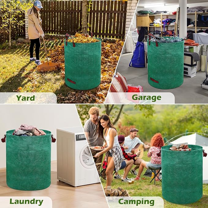 63 Gallons Lawn and Leaf Bags,Reusable Yard Waste Bags with Gardening Gloves,Heavy Duty Garden Bags with 4 Handles for Lawn Care, Camping & Recycling(3 Pack)