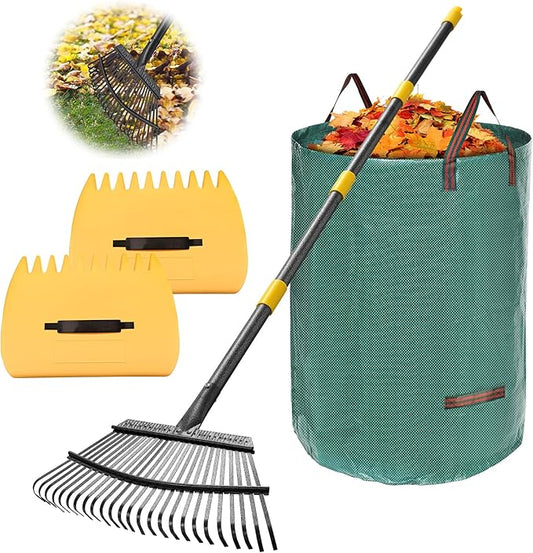 Rake, Garden Leaf Rake Set, 65 Inch Long 18 Inch Wide Heavy Duty Leaf Rake with 25 Metal Tines, 32 Gallon Leaf Bags, Leaf Scoops, Yard Garden Thatching Rake for Leaves with Adjustable Handle