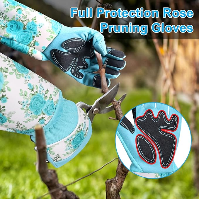 DLY Gardening Gloves for Women, Rose Gloves Gardening Thorn Proof, Long Garden Gloves for Women, Breathable & Durable Leather Gauntlet (Medium, Light Blue)
