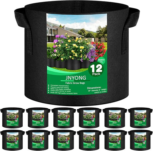 12-Pack 3 Gallon Thickened Non-Woven Grow Bags, Aeration Fabric Pots with Handles