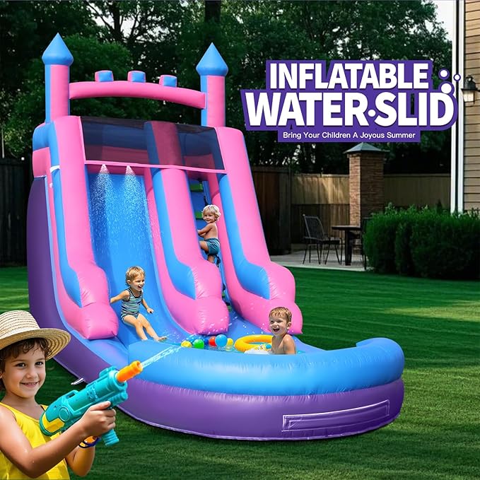 Inflatable Water Slide for Adults, 26FT 100% PVC Waterslide with Big Splash Pool, Widen Slide with Shallow Pool, 1100W Air Blower, Ideal for Backyard, Park (Purple Castle Design) 1