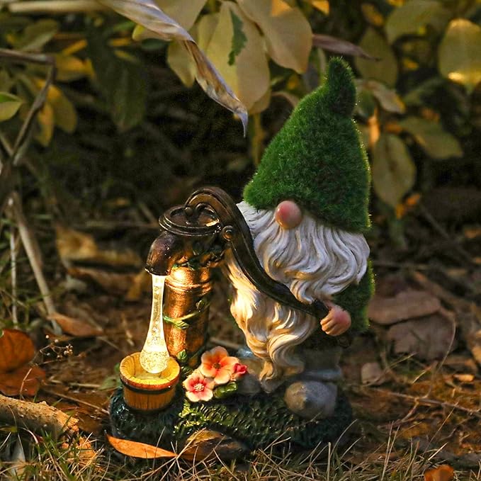 Garden Gnome Statue, Resin Pressurized Well with Water Gnome Figurine with Solar Lights for Porch Patio Yard Outdoor Decor