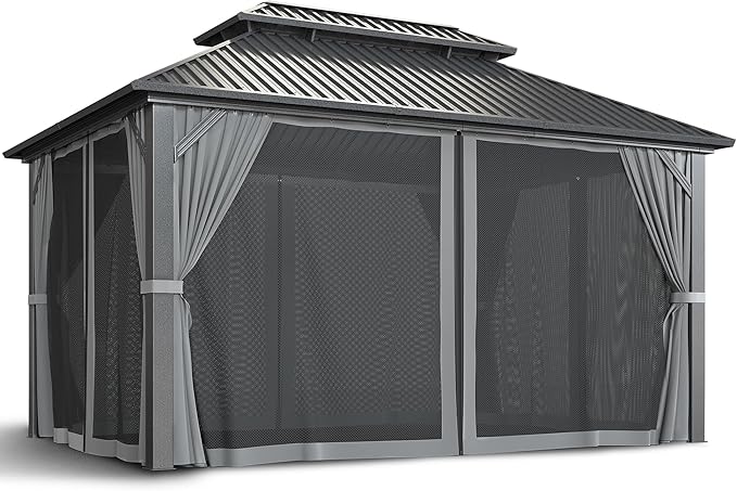 WKM 10x14 FT Hardtop Gazebo with Heavy Duty Galvanized Steel Double Roof, Aluminum Frame Permanent Pavilion with Curtains and Netting, Outside Canopy Gazebo for Patio, Deck and Backyard,Gray