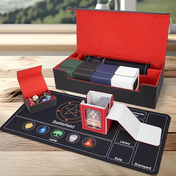 AFIING Mtg Deck Box Holds 5 Display Card Deck Boxes with Mtg Playmat & Dice Box,10 Dividers,1Card supporter, Trading Card Storage Box for Magic Yugioh Sports Cards (Black &Red)