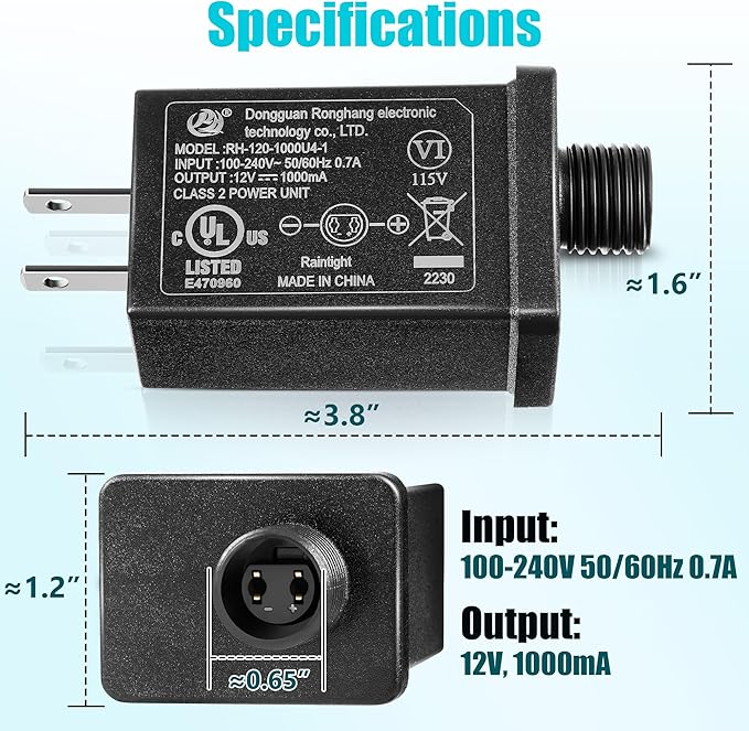 Replacement Yard Inflatable Adapter Power Supply Adaptor 12Vdc 1.0A Class 2 Power Supply for Halloween Christmas Inflatable Decorations