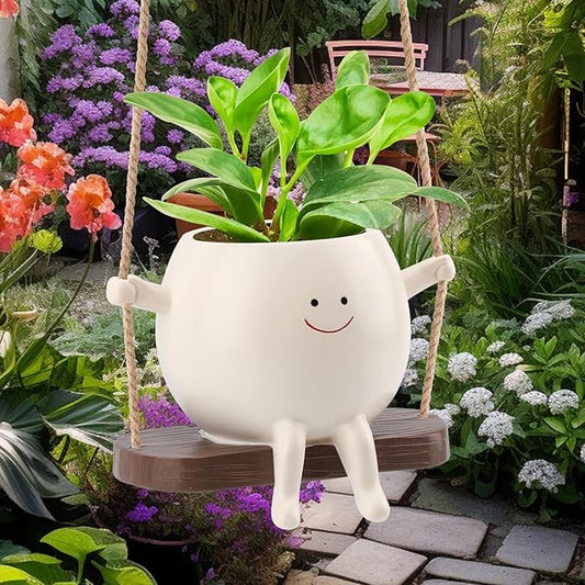 Small Swing Smiley Face Hanging Planter Pot for Indoor Outdoor Plants, Cute Swinging Plant Pot, Hanging Flower Pots, Face Planter Pot Head, Resin Succulent Planter, Valentines Day Gifts for Her