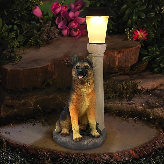 Solar Dog Garden Statues with Lantern, Resin German Shepherd Sculpture with Warm White Light for Outside Lawn Porch Patio