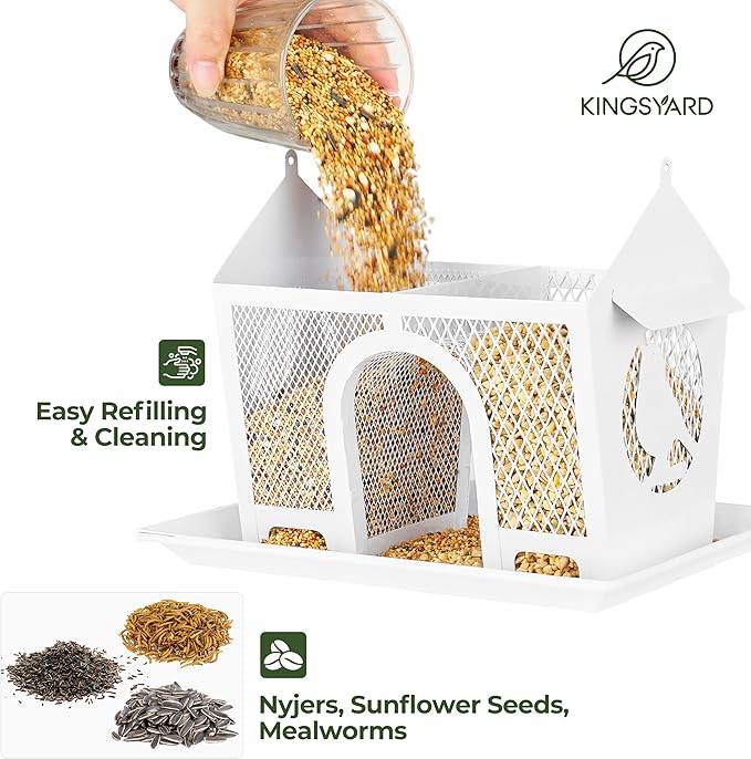Kingsyard Metal Bird Feeders for Outdoors Hanging, Wild Bird Feeder with Seed Tray and Weatherproof Roof, 3 lbs Seed Capacity, White