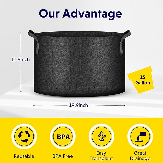 iPower 5-Pack 15 Gallon Plant Grow Bags Thickened Nonwoven Aeration Fabric Pots Heavy Duty Durable Container, Strap Handles for Garden, Black