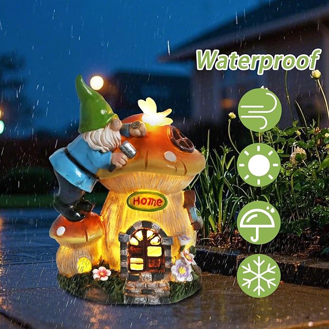 Garden Gnome Statue - Solar Powered Gnome Lights Decoration Outdoor Figurines for Yard with Gnome Building Mushroom House, Lawn Ornaments for Porch Balcony Patio Decor, Gifts for Mom Grandma