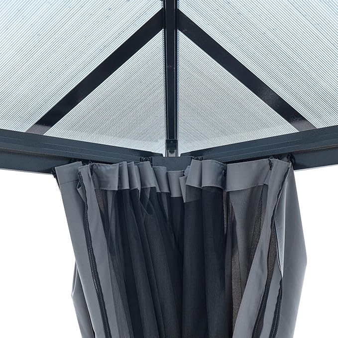 KEIKI 12 * 16FT Permanent Hardtop Gazebo with Netting and Curtains, Double Roof Waterproof Pergola Sunshade Pavilion for Outdoor Patio Lawn Backyard and Garden, Aluminum Frame Polycarbonate Canopy